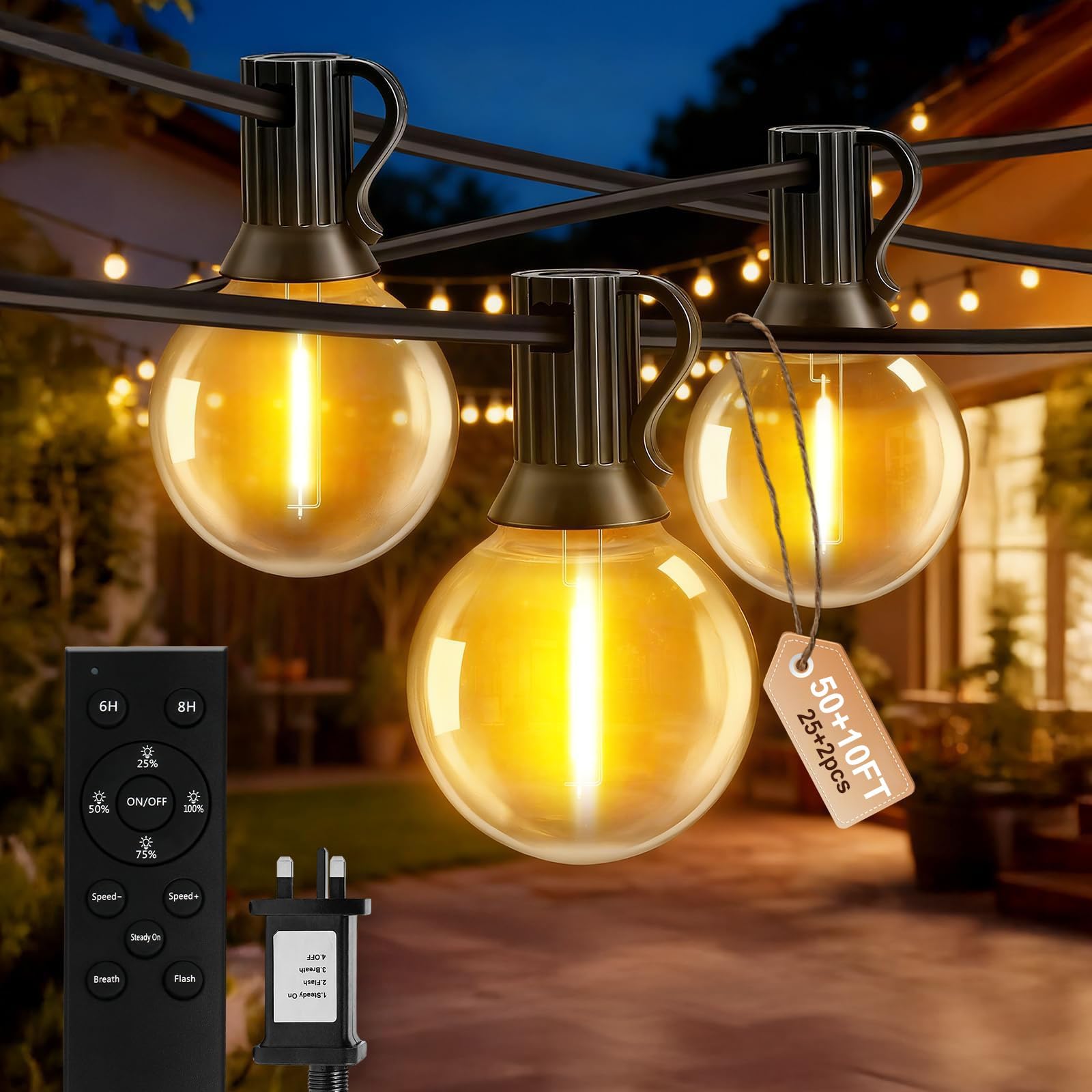 AODLEDY Outdoor String Lights, 60(50+10) FT/18m 25+2 LED G40 Bulbs Garden Lights