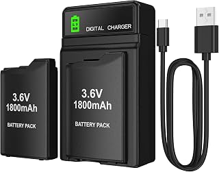 BSSING PSP Battery and Charger, 2Pcs 1800mAh 3.6v Lithium Polymer Replacement Rechargeable Batteries with LED Charging Station for PSP 1000 1001, PSP-110, PSP Fat Console