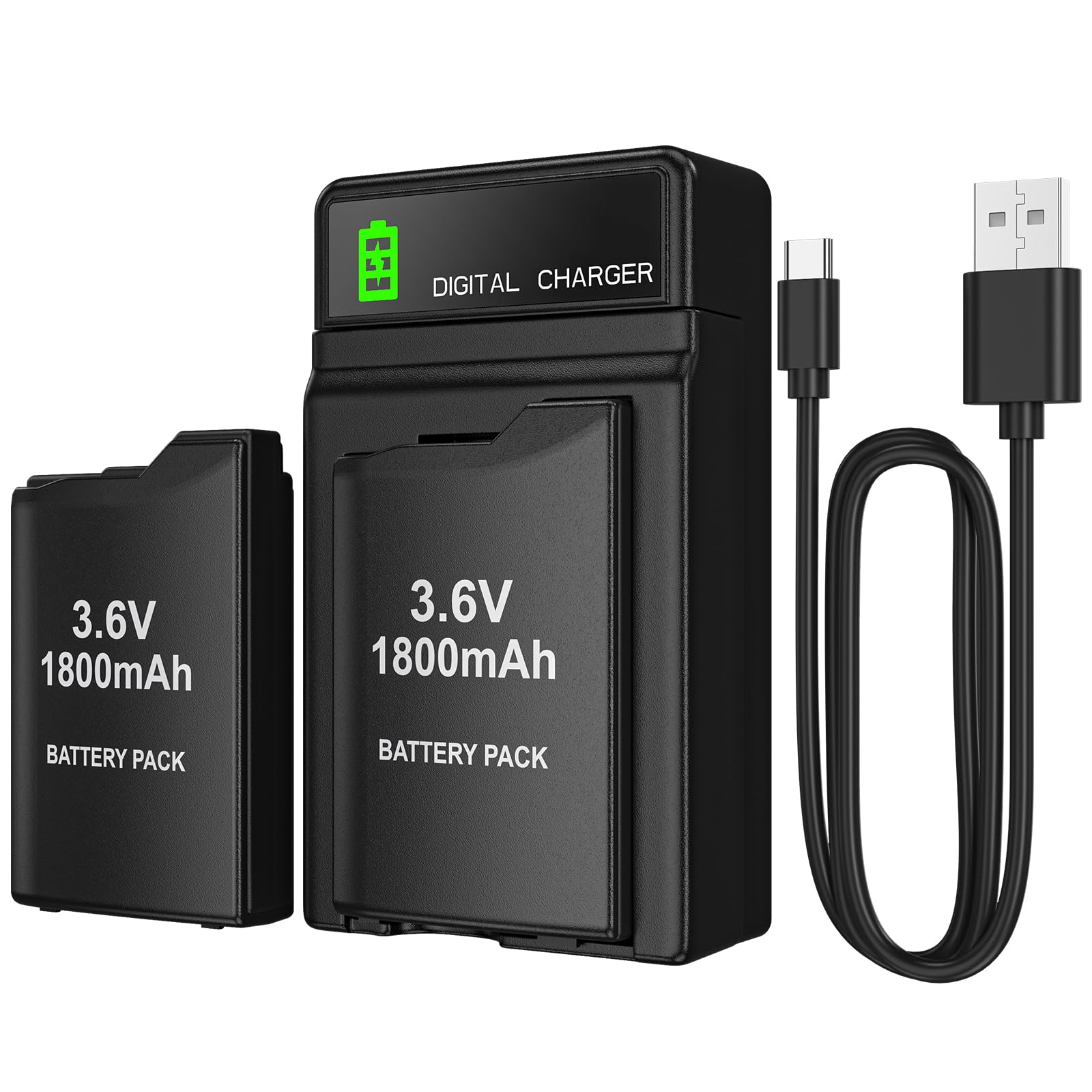 BSSING PSP Battery and Charger, 2Pcs 1800mAh 3.6v Lithium Polymer Replacement Re