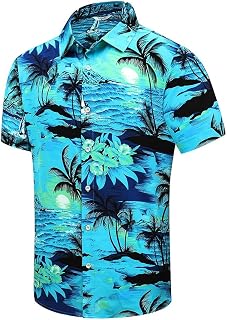 SheLucki Hawaiian Shirt for Men, Unisex Summer Beach Casual Short Sleeve Button Down Shirts, Printed Palmshadow Clothing