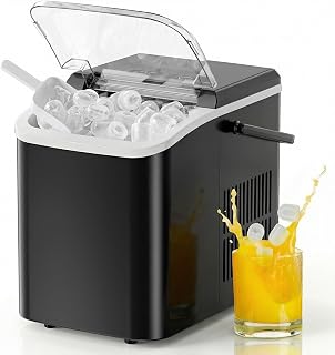 NEWBULIG Ice Makers Countertop with Handle, Portable Ice Machine | 9 Bullet Cubes in 6 Mins, 26lbs in 24Hrs, Auto-Cleaning, with Basket and Scoop, for Home, Kitchen, RV, Camping, Black