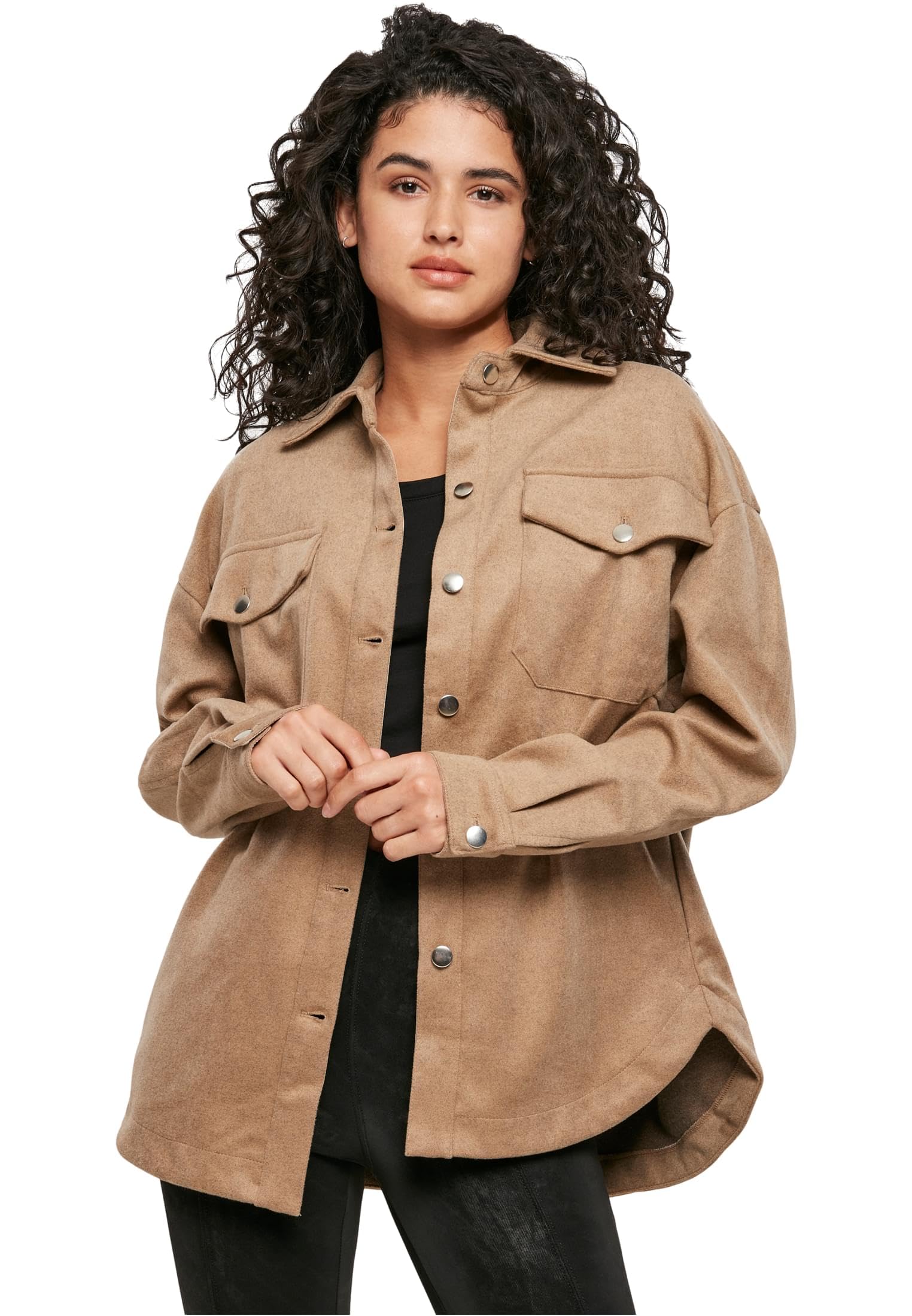 Urban Classics Ladies Classic Solid Color Two Chest Jacket Pocket Overshirt Top 