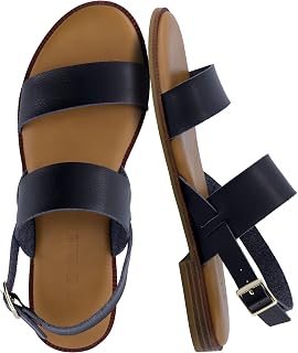 CUSHIONAIRE Lima Women's Two Strap Flat Faux Leather Sandals with Adjustable Ankle Strap and Padded Footbed