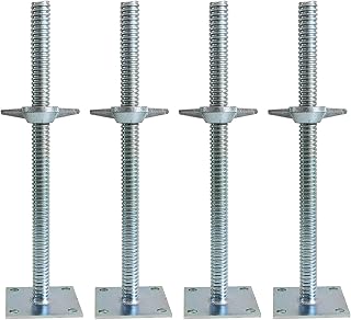 4 Pack Adjustable Leveling Jack Solid Screw Feet Leg for Baker Scaffolding | Jack Silver with Base Plate & Big Wing Nut, 18" Thread, 1.2" OD Solid Rod, for Baker-Style Scaffold Equipment