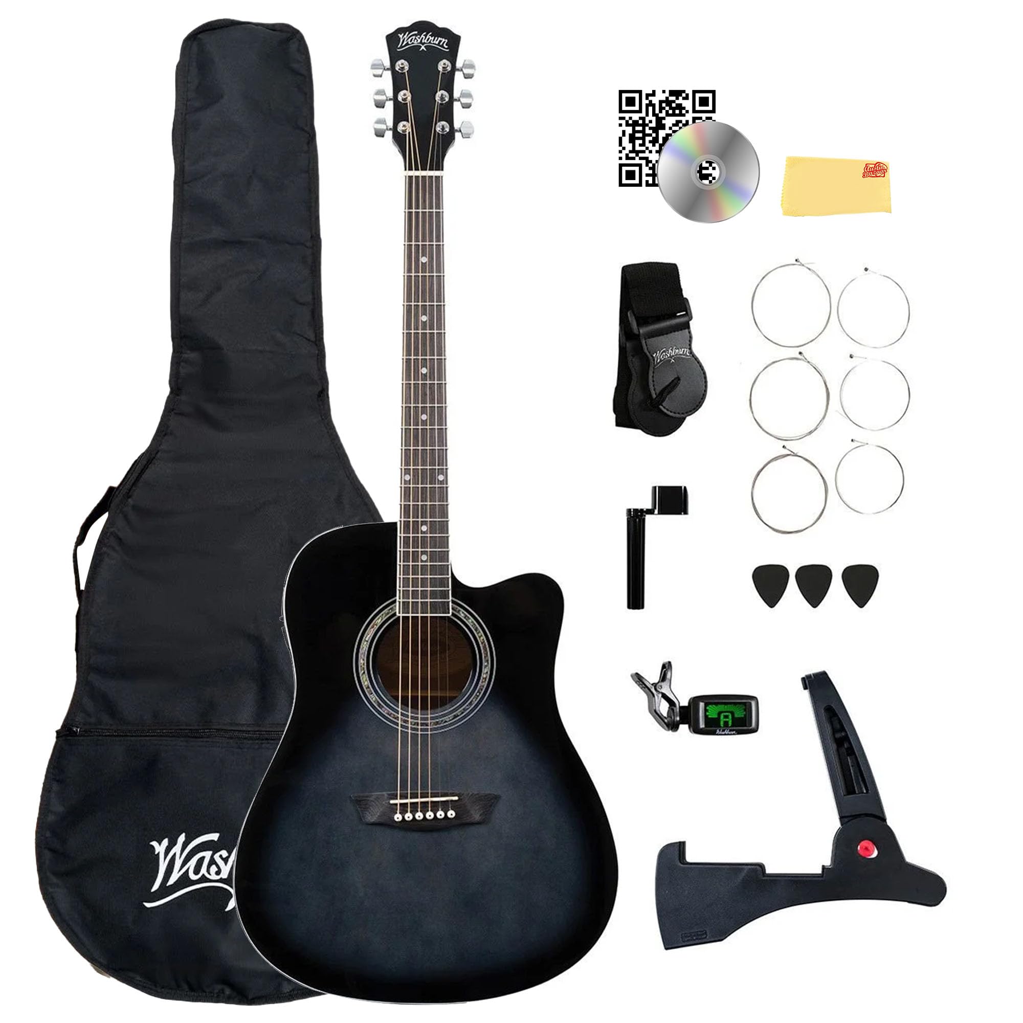Washburn WA90CE Acoustic-Electric Guitar Kit - Black Bundle with Gig Bag, Strap,