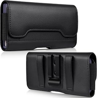 ACCKUO Leather Phone Holster with Strong Metal Belt Clip and Card Holder Compatible with iPhone 17 16 15 14 13 12 and Pro, Galaxy S26 S25 S24 S23 S22 S21 S20 for Everyday Protection, M-Black