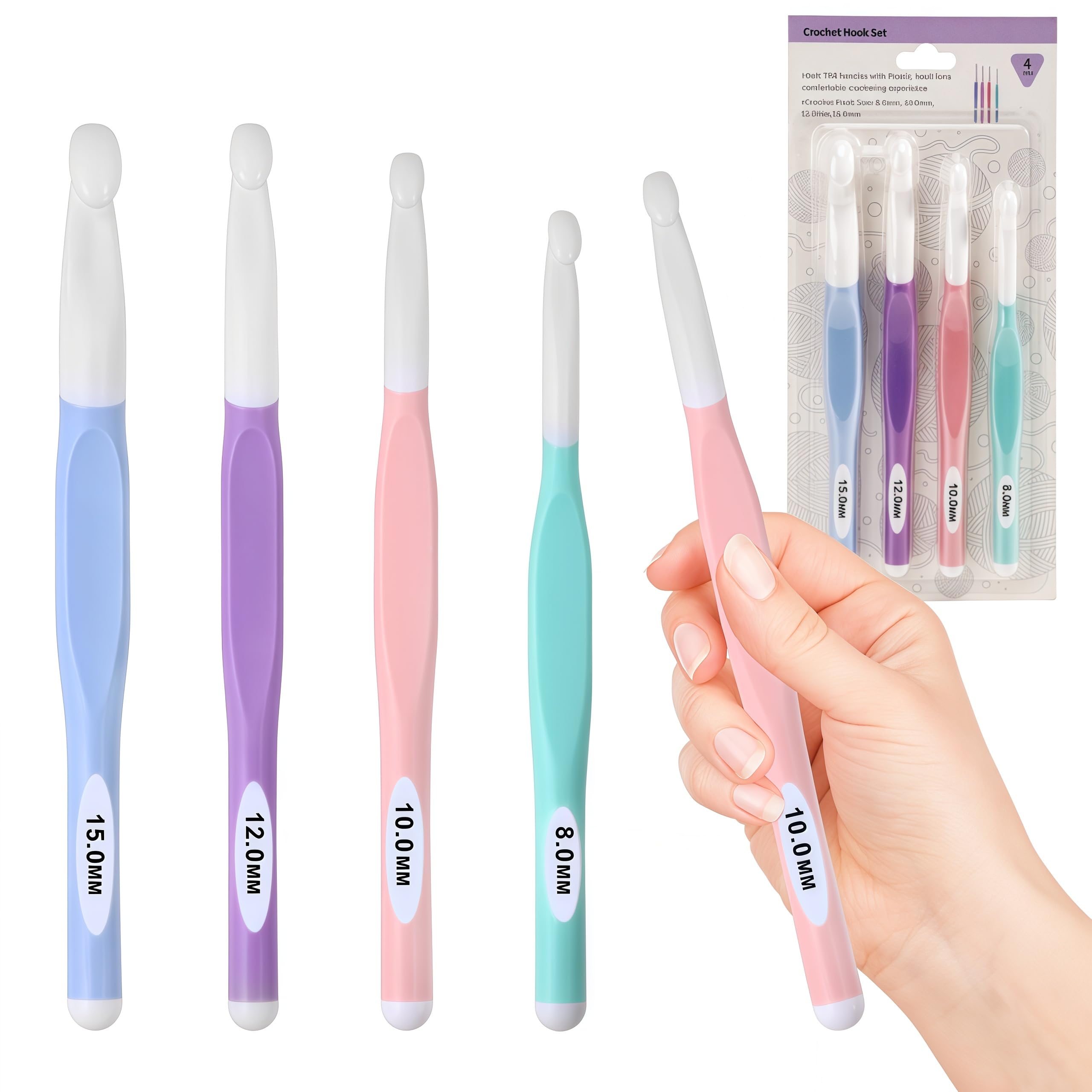 Large Sizes Crochet Hooks 8mm, 10mm, 12mm, 15mm Rubber Handle Crochet Hook 4PCS-