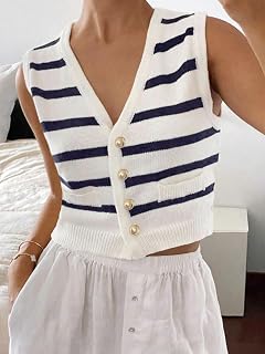 Women's Knitted V-Neck Ribbed Button Striped Sleeveless Vest for Fashionable Commuting in Spring and Summer