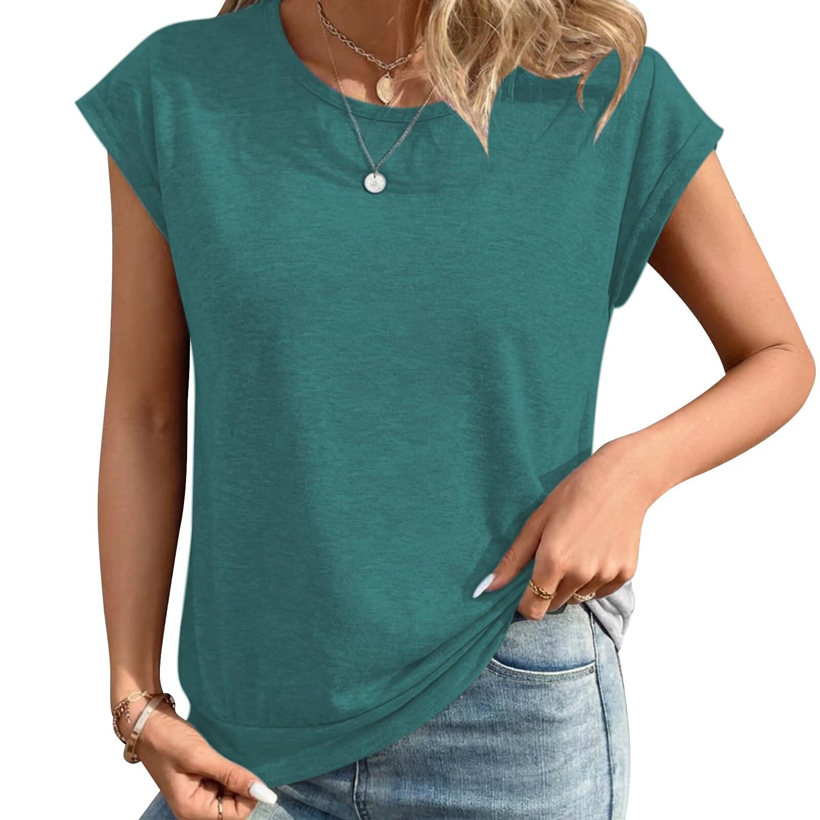 Women's Tops Crew Neck Cap Sleeve T-Shirt Spring Summer Basic tees