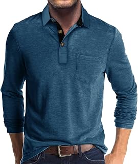 Men's Casual Polo Shirts Classic Button Basic Long Sleeve Shirt Solid Color Cotton Tees Stylish Tops