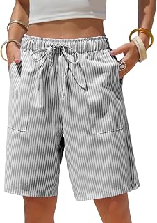 EXLURA Women Cotton Linen Bermuda Shorts Summer Striped Long Shorts Pockets