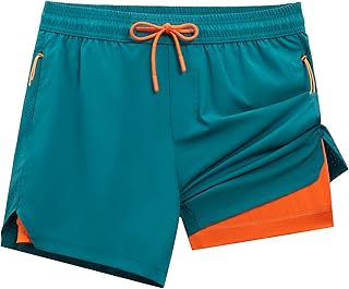 APTRO Pantaloncini da corsa atletici da uomo 2 in 1 da 12,7 cm, con fodera e tasche con cerniera, per basket, tennis, palestra, allenamento, Verde acqua, M