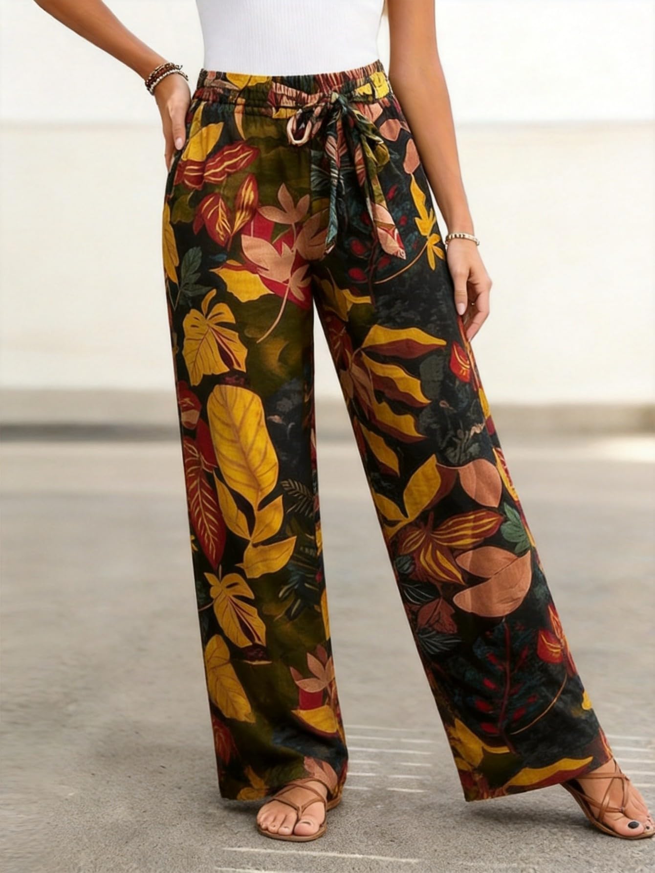 Womens Palazzo Pants Casual Lightweight High Waist Drawstring Tropical Leaf Prin