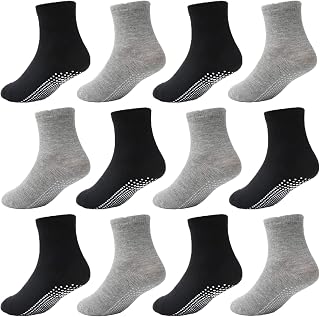 HYCLES Baby Grip Socks 12 Pairs for Boys Girls 0-10 Years - Toddler Non Slip Kids Anti Skid Crew Socks with Grips