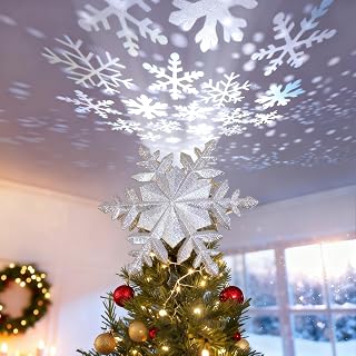 DG-Direct Christmas Tree Topper with Rotating Snowflake Projector, Silver | Rotating Snowflake Projection, Warm LED Light, 3D Hollow Design, Easy Tree Installation