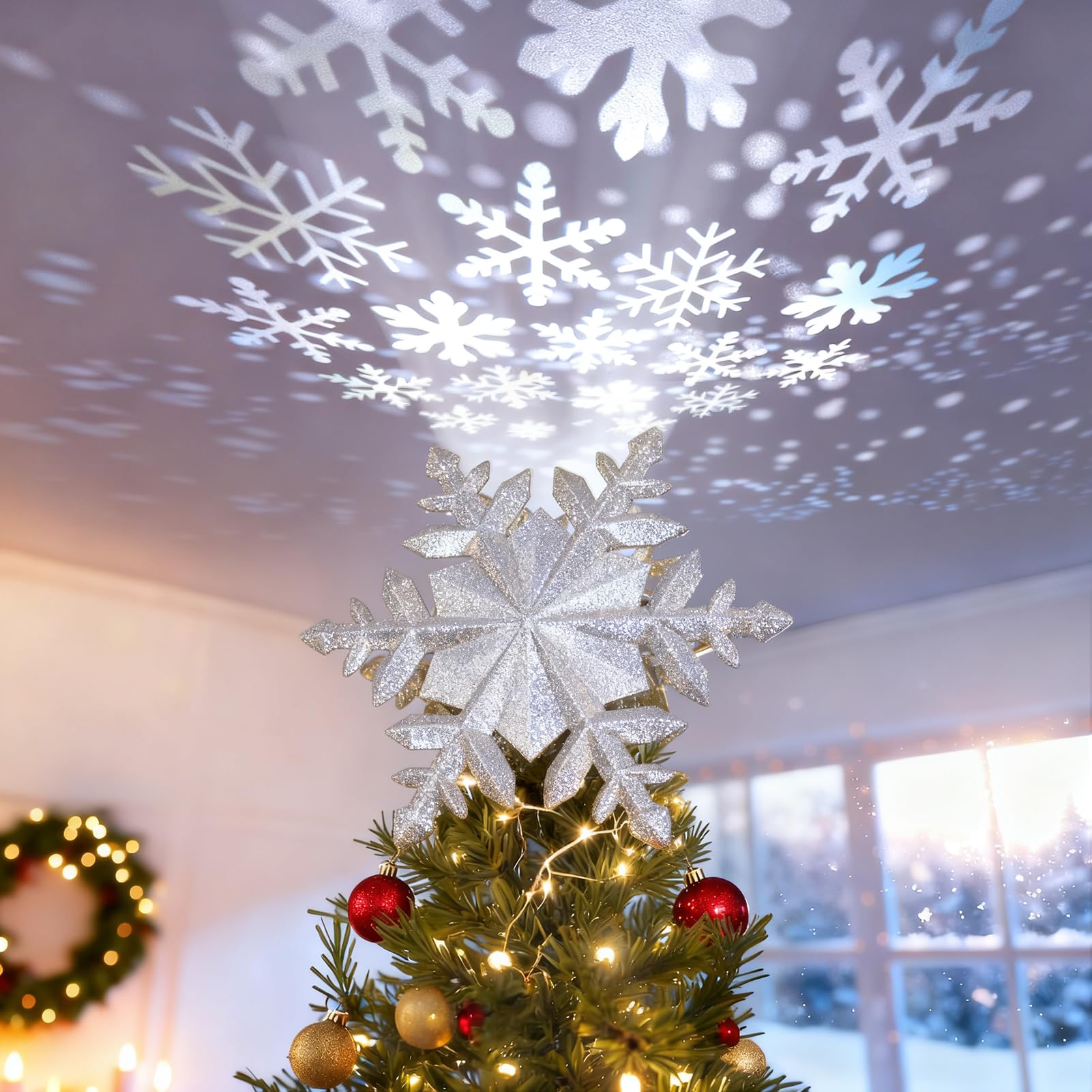 DG-Direct Christmas Tree Topper with Rotating Snowflake Projector, Silver | Rota