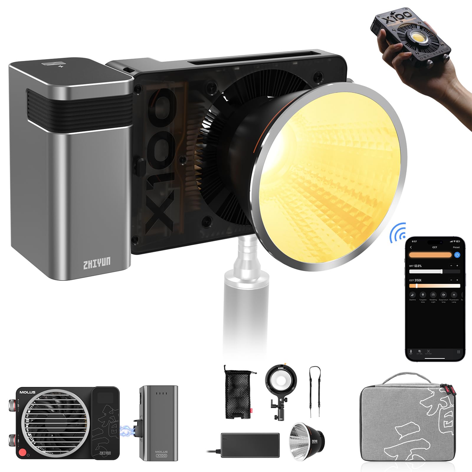 ZHIYUN MOLUS X100 Combo [Official] Video Light 100W, Bi-Color, App Control