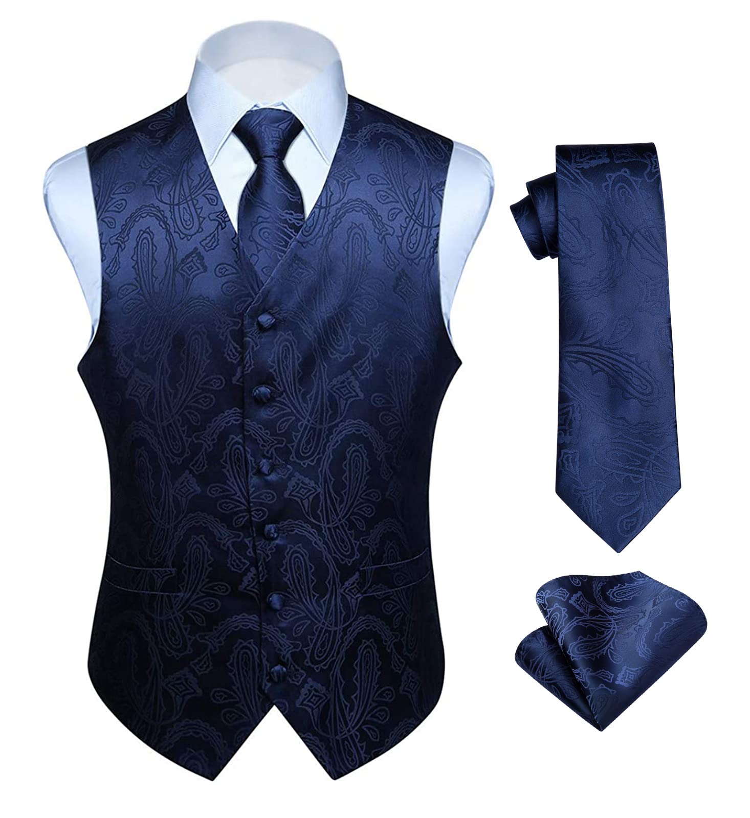 HISDERN Men's Classic Paisley Floral Jacquard Vest and Tie and Pocket