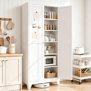 Bayunity 75" White Metal Pantry Cabinet with Doors & 5 Adjustable Shelves | Tall kitchen storage cabinet with doors, five adjustable shelves and leveling feet for pantry and dining room organization.