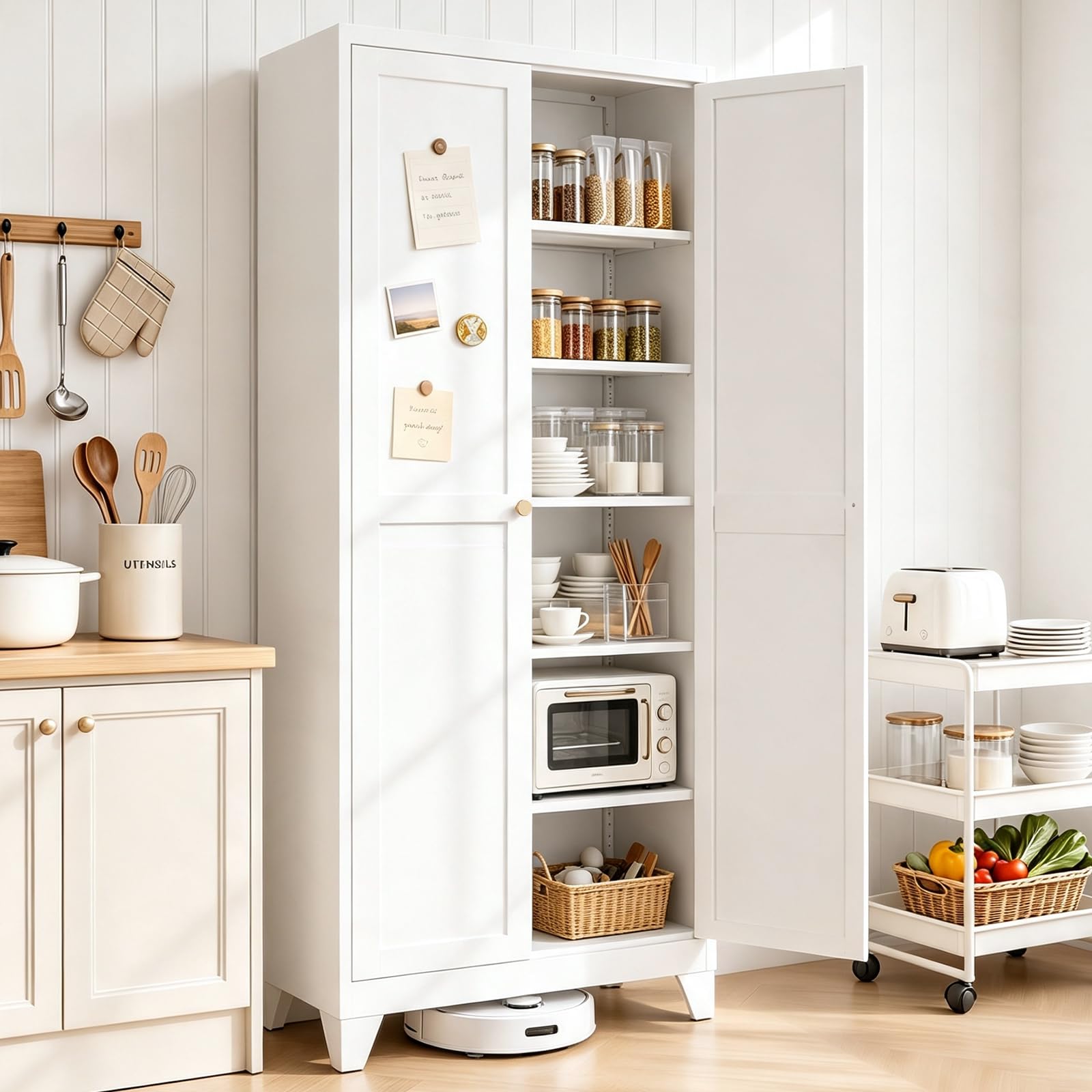 Bayunity 75" White Metal Pantry Cabinet with Doors & 5 Adjustable Shelves | Tall