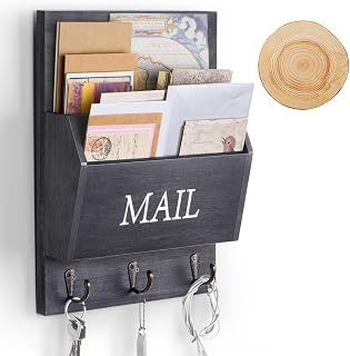 DLQuarts Solid Wood Mail Organizer with Key Holder for Wall, Mail Sorter Wall Mounted, Decorative Wooden Key and Mail Holder with 3 Hooks, Matte Black