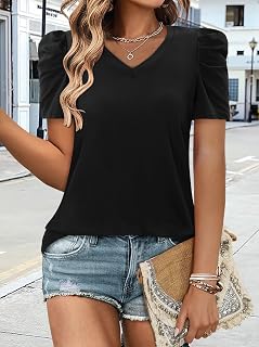 Top da donna a maniche corte con scollo a V, tunica top estivo a sbuffo a maniche corte camicie eleganti camicetta da lavoro