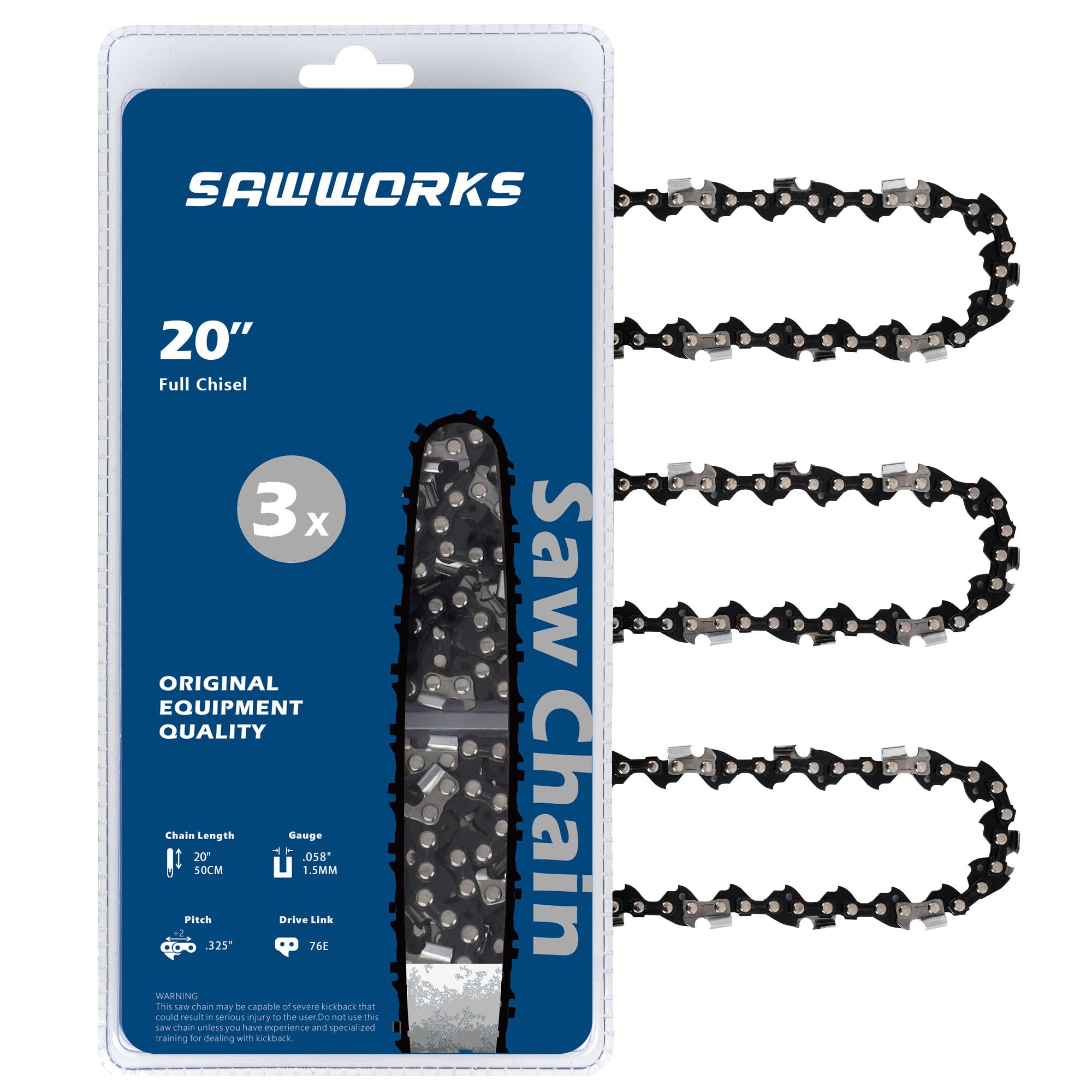 Sawworks 20 Inch Chainsaw Chain 325" Pitch .058" Gauge 76 Drive Links | Fits Vev