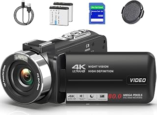 4K UHD 80MP Camcorder Video Camera YouTube Vlogging Camera Webcam Autofocus | 18X Digital Zoom, 3.0" 270° Rotatable IPS Screen, IR Night Vision Video Recorder with 32GB SD Card, Lens Cap & 2 Batteries