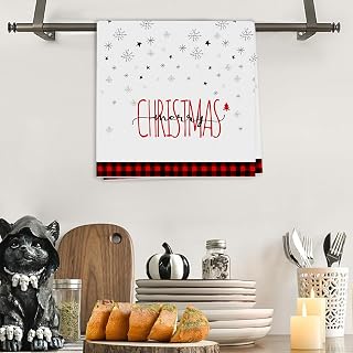Merry Christmas Buffalo Plaid Hand Towel Red and Black Checkered Holiday Kitchen Bathroom Towel with Snowflakes and Stars