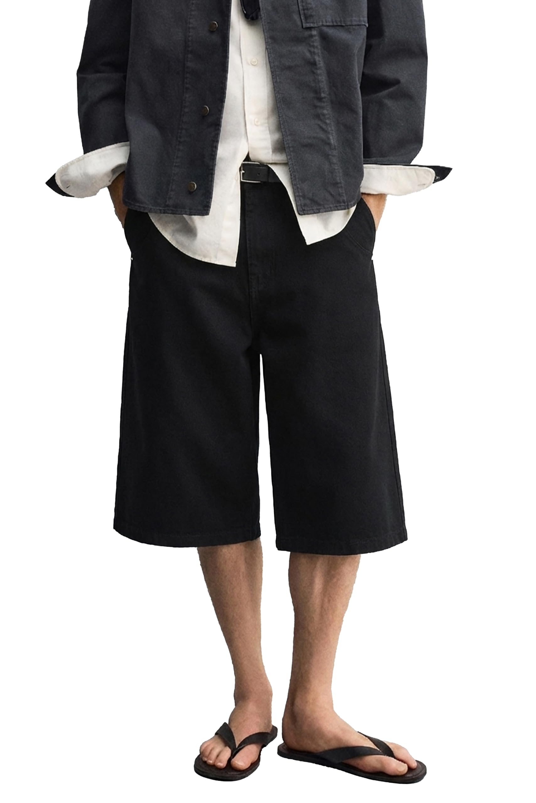 MZNBURAM Men's Non-Stretch Relaxed Fit Wide-Leg Baggy Long Denim Shorts-14 Insea