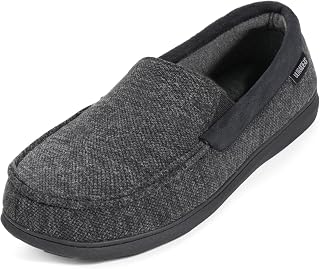 ULTRAIDEAS Mens Soft Memory Foam Moccasin Slippers with Non Slip Rubber Insole, Lightweight Breathable Knitted Closed Home Shoes