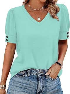 OFEEFAN Womens Tops Short Sleeve Shirts Buttons V Neck Spring Fashion Summer Outfits Plus Size Blouses Dressy Casual