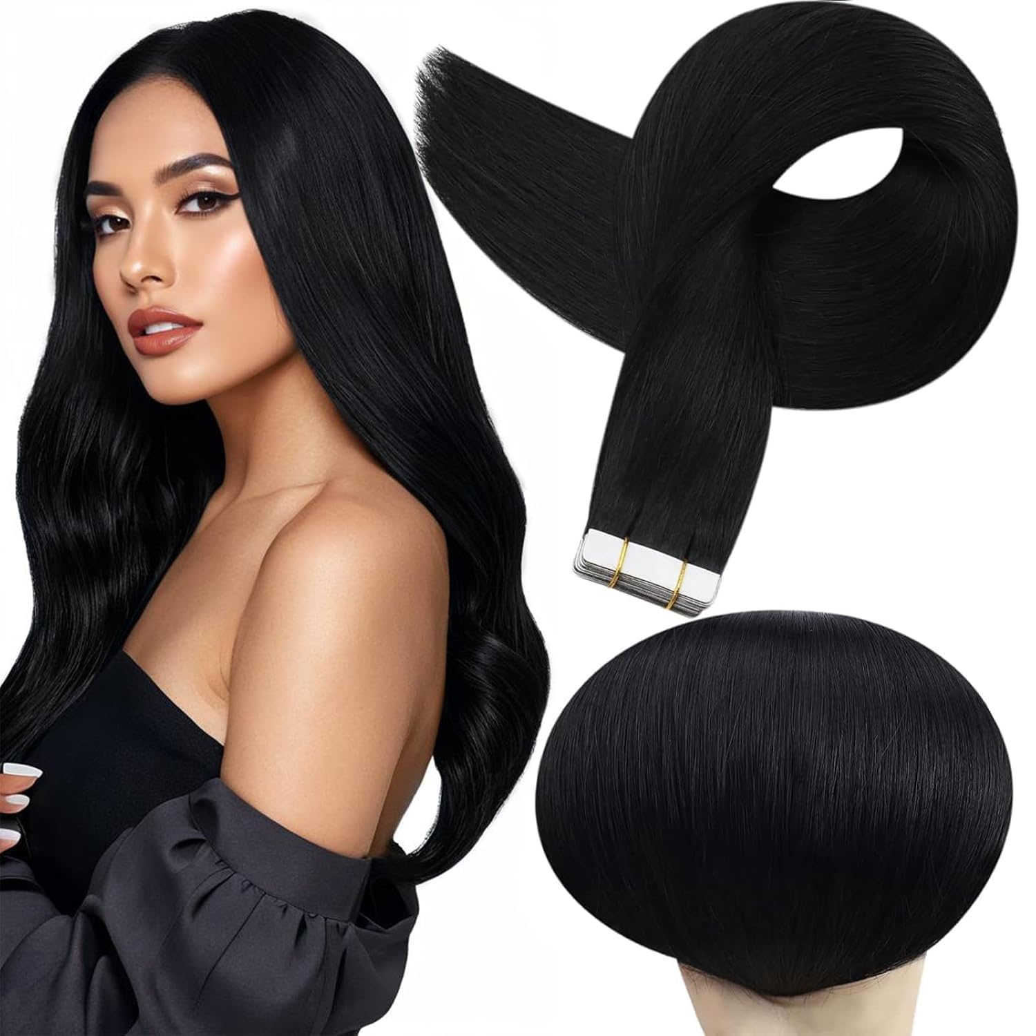 Full Shine Tape in Hair Extensions Human Hair, Jet Black 18 Inch 50G 20Pcs | Rem
