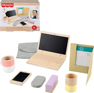 Fisher-Price Wood Work From Home Playset | 9 Pieces, Wooden Toy Office Set, Pretend Play, Preschool Kids Ages 3 Years and Up