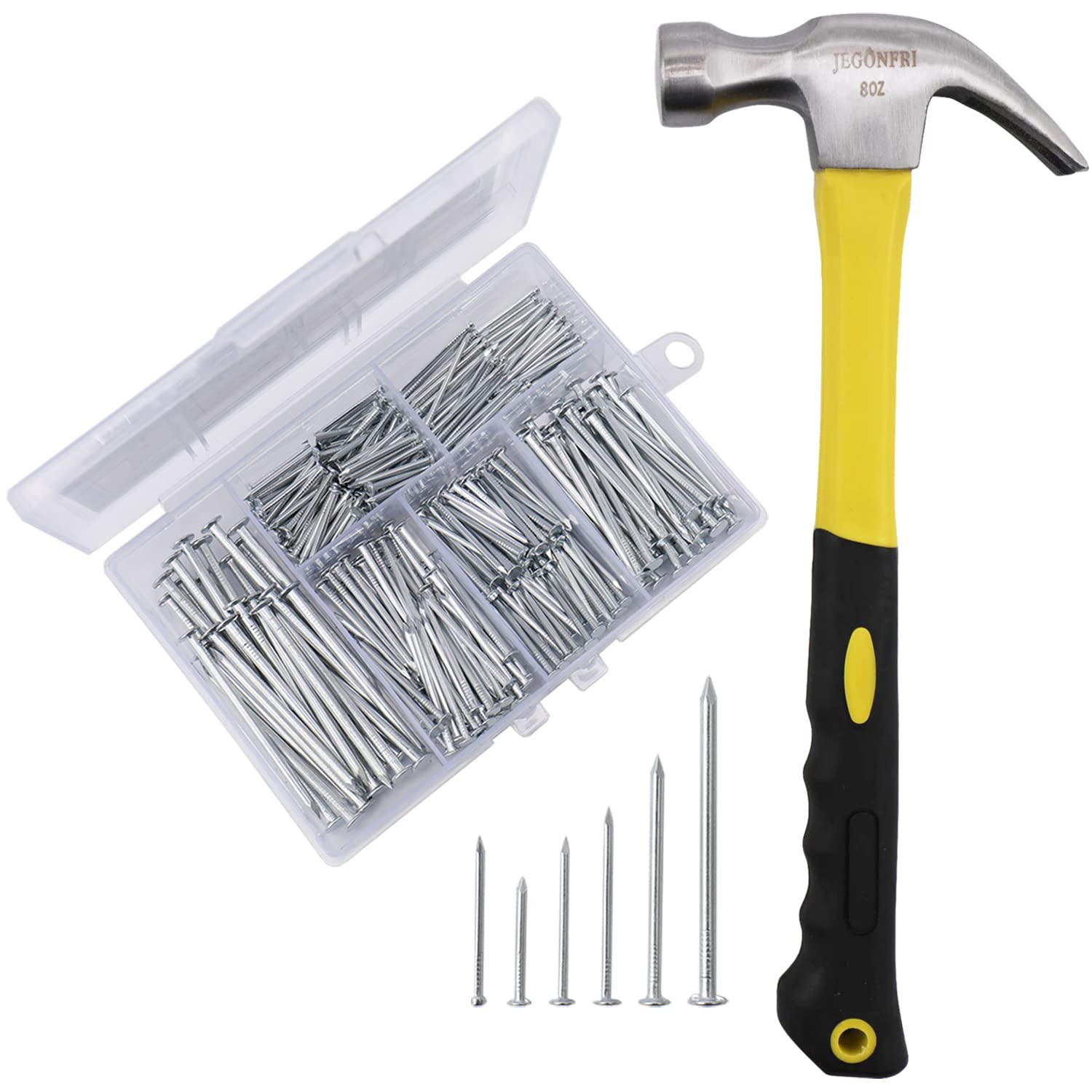376PCS Nails & Hammer Set, 8oz Hammer, 6 Nail Sizes for Hanging Pictures | Rustp
