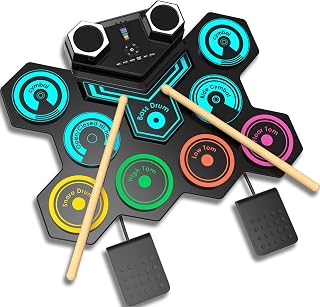 CNAPXAIA Portable Electronic Battery – Children's Battery with Built-in Stereo Speakers, Electric Silicone Drum Set of 9 Pads for Children Adults Beginners