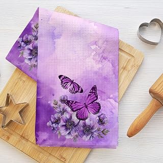 Artistic Purple Watercolor Kitchen Towels, Decorative Butterfly and Flower Microfiber Dishcloth, Waffle Weave Kitchen and Home Towels in Farmhouse Style, Gifts with