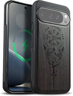 Carveit Wood Case for Google Pixel 10 ProXL Compatible with MagSafe [Wood and Hybrid Silicone] Protective Anti-Shock for Pixel 10 ProXL Magnetic Case (Dark Wood-Viking Compass)