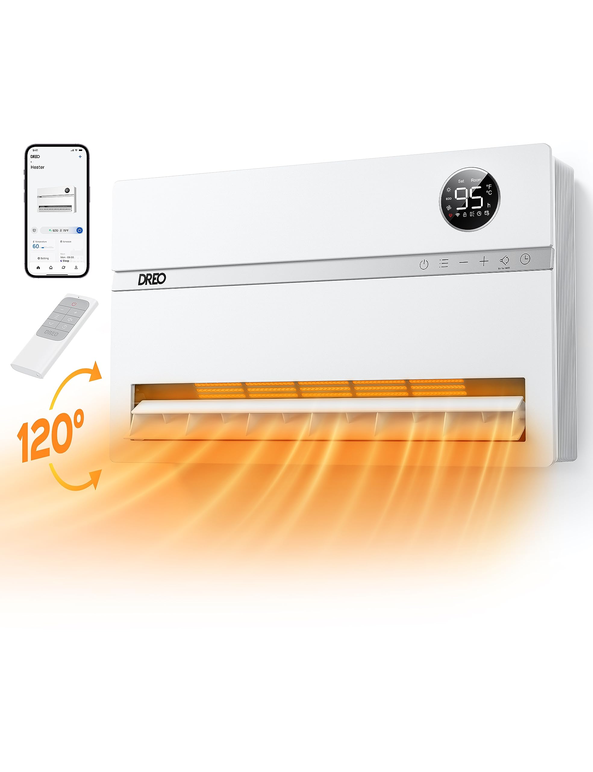DREO Smart Wall Heater, 1500W Space Heater for Bedroom, White, Standard | Remote