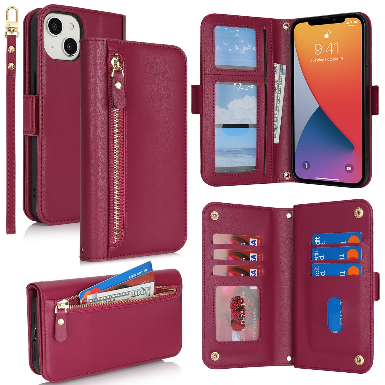 for iPhone 14/13 Phone Case with RFID Blocking Card Holder for Women Men,Phone C