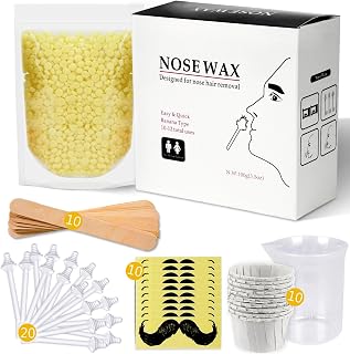 Nose Wax Kit for Men and Women with 100g Nasal Hair Wax & 50 Accessories | 20 Safe Tip Applicator,10 Wooden Applicators,10 Containers,10 Moustache Stencils and Measuring Cup, Painless, Easy and Quick