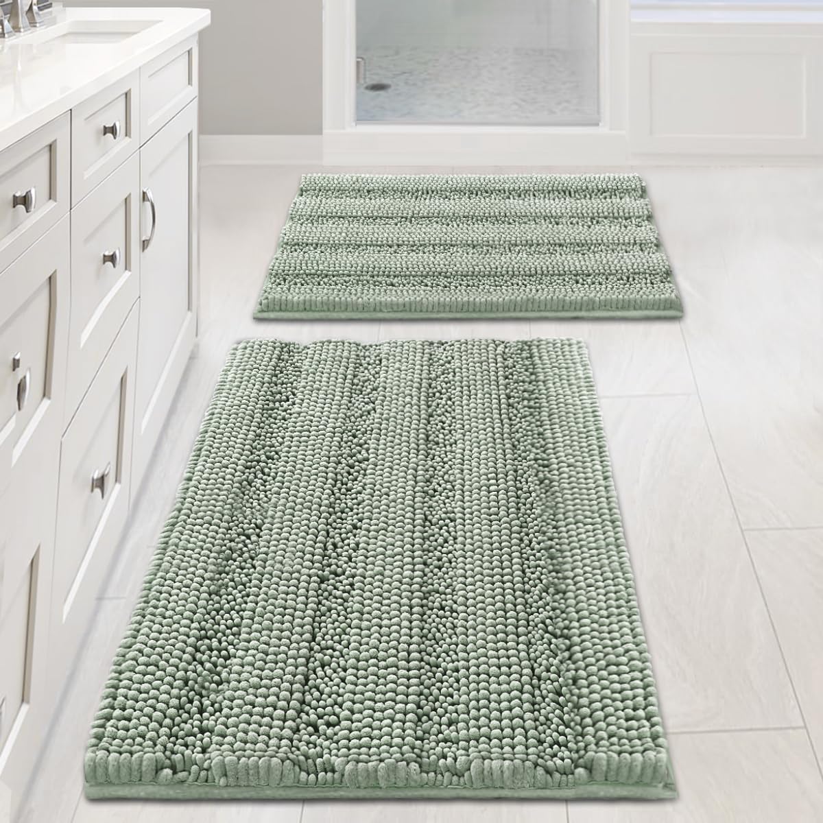 H.VERSAILTEX Sage Bathroom Rugs, Bath Mat Set of 2 Extra Thick Chenille Striped 