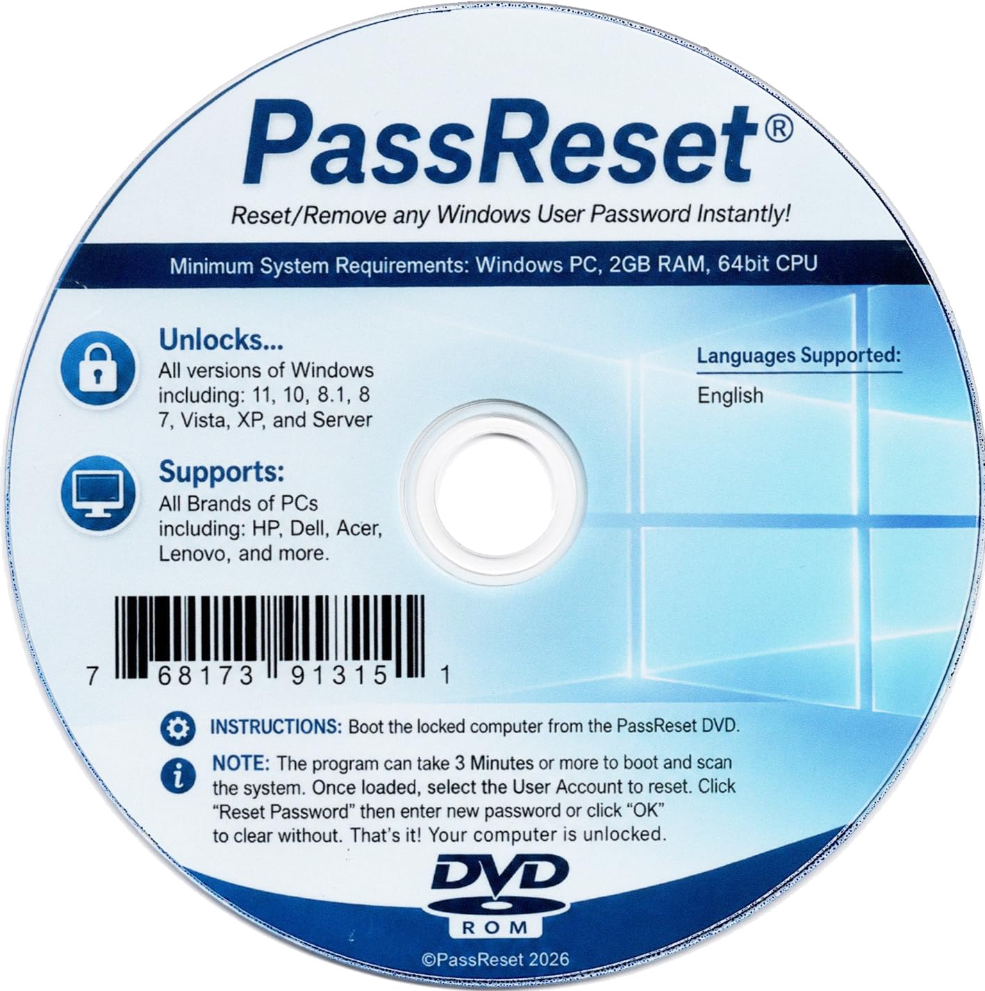 Password Reset Recovery Disk for Windows 11 ,10 ,8.1 ,7 ,Vista , XP, Server Comp