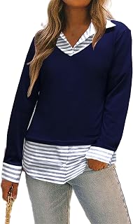 Oyamiki Women's long sleeve cotton shirt with shirt collar, V-neck knitting, casual and elegant, autumn and winter