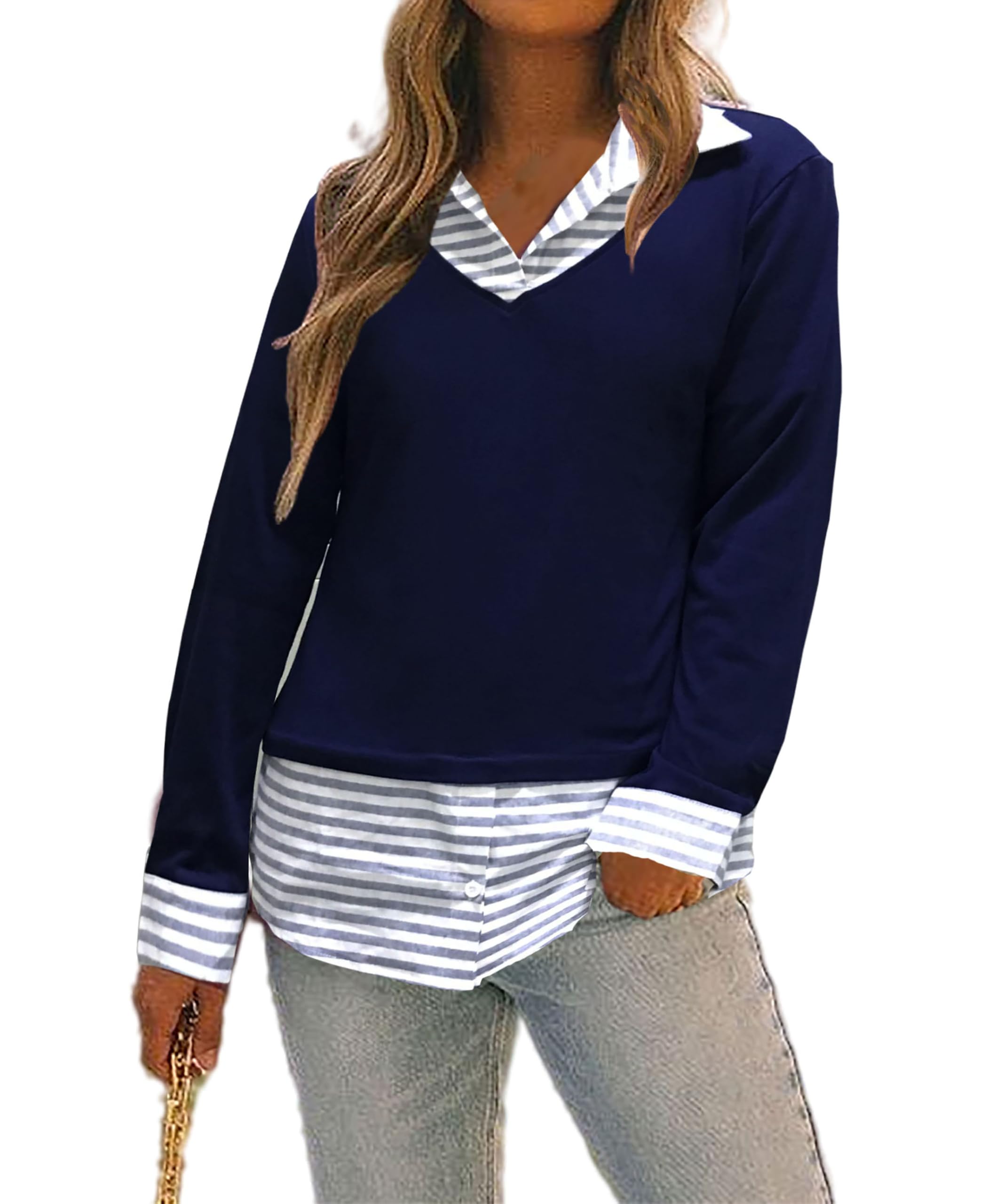 Oyamiki Women's long sleeve cotton shirt with shirt collar, V-neck knitting, cas