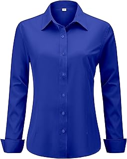 hearain Soft Wrinkle-Free Women's Button Down Dress Shirts Solid Long Sleeve Work Blouses Fit Stretch Casual Tops XXS-6XL