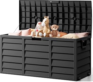 The Fellie Garden Storage Box with Wheels, 290L Lockable Garden Storage Boxes Waterproof, Plastic Outside Storage Box for Gardening Tools, Cushions, Toys, 112x49x54cm, Black
