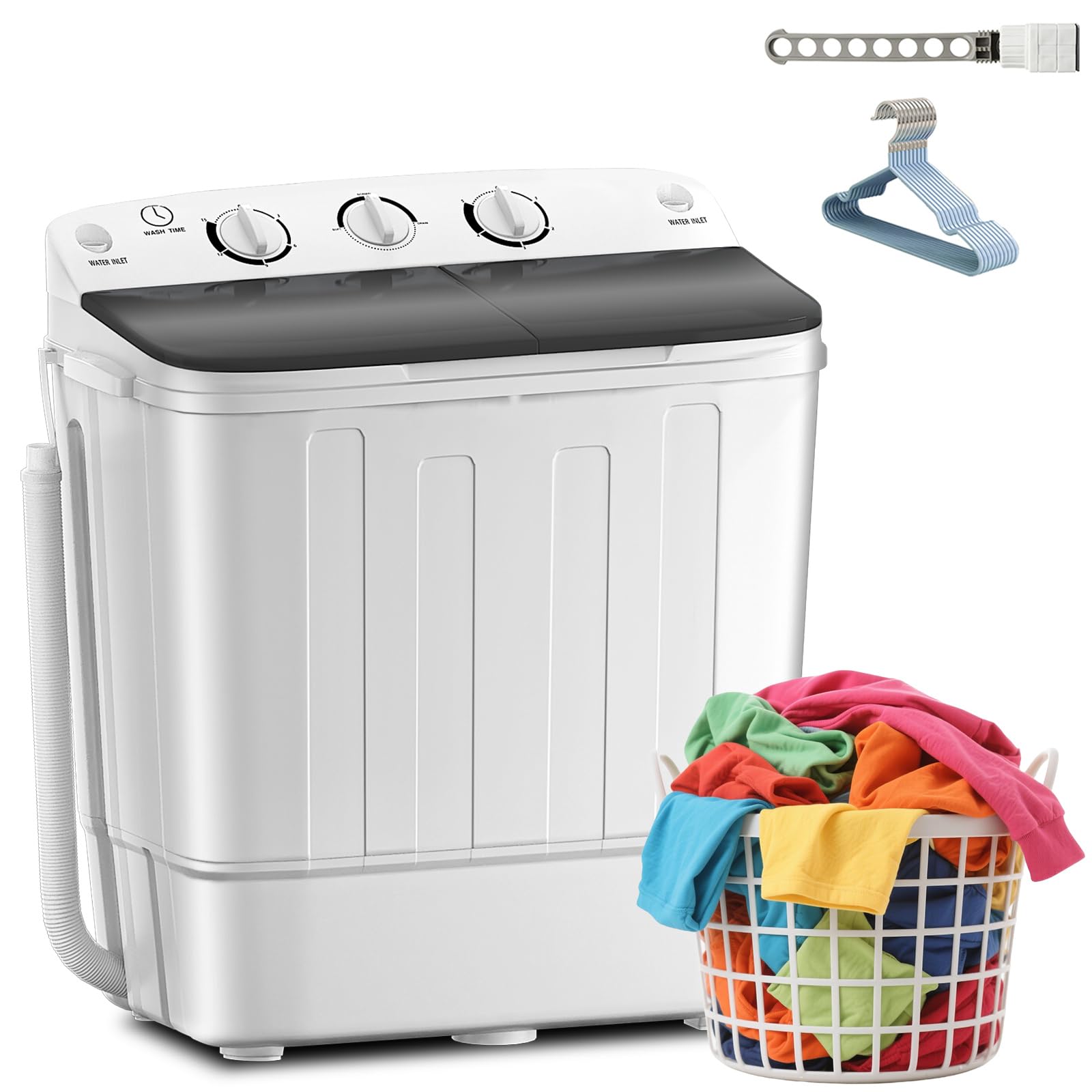 Erivess Portable Twin Tub 19lbs Washing Machine with Drying Rack and 10 Hangers,