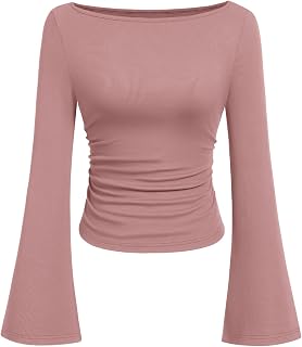 PRETTYGARDEN Women Long Sleeve Shirt 2025 Crop Casual Boat Neck Bell Sleeve Ribbed Ruched Y2K Clothing