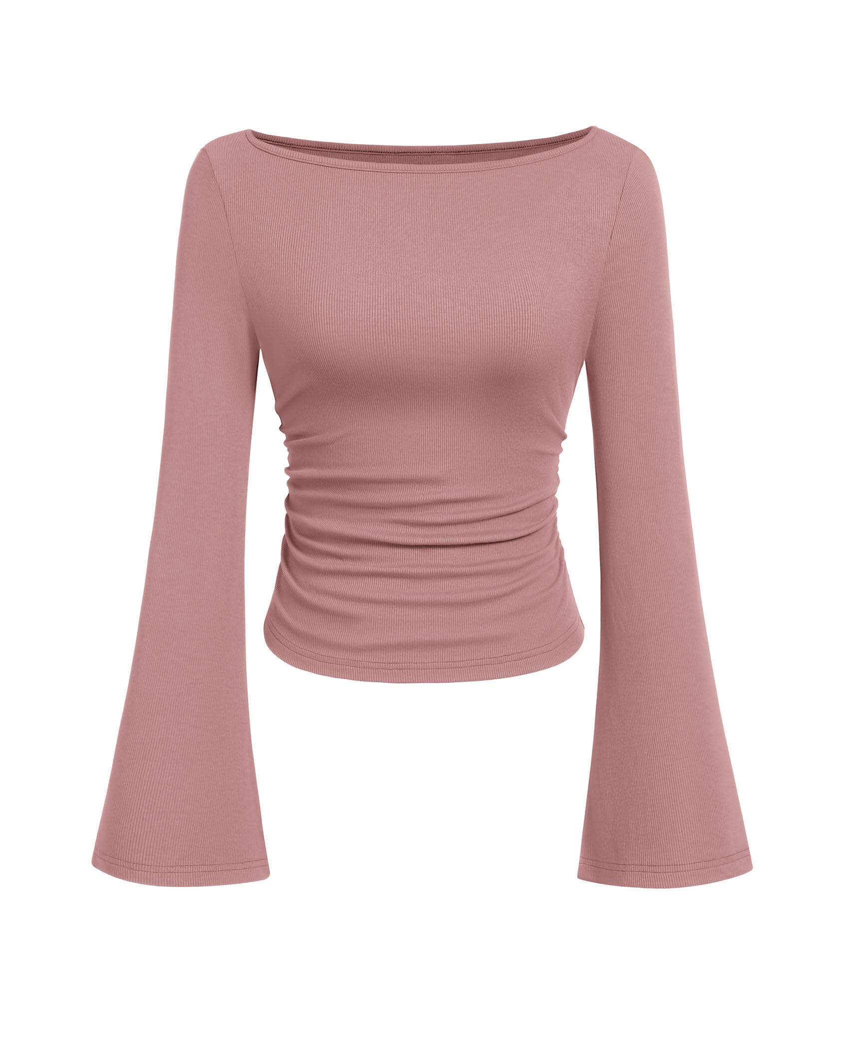 PRETTYGARDEN Women Long Sleeve Shirt 2025 Crop Casual Boat Neck Bell Sleeve Ribb